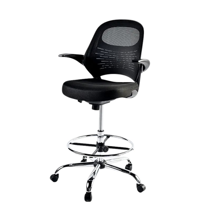 Silla tipo cajero con brazo abatible y base cromada